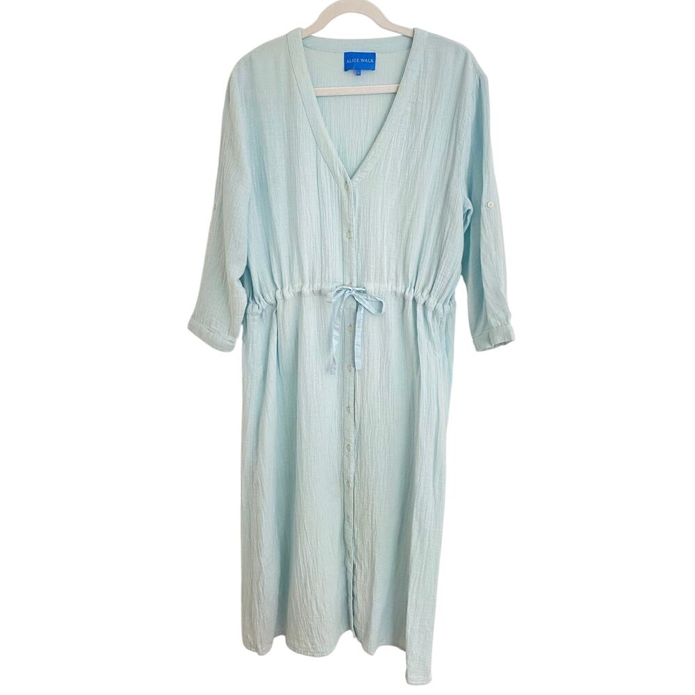 Alice Walk Tuckernuck Gauze Cotton Button Midi Shirt Dress Light Blue V-Neck L